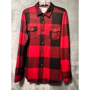 New‎ York Laundry Womens Plaid Shirt Studded Pockets Long Sleeve Red Black